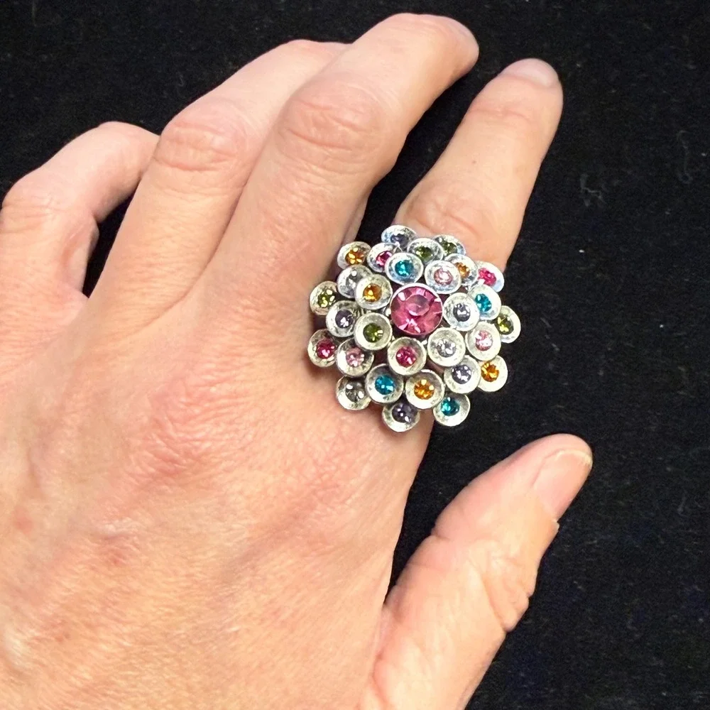 Multicolor Rhinestone Cluster Stretch‎ Cocktail Ring Antiqued Silver Tone Domed